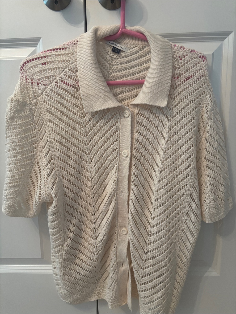 American Eagle Outfitters Cream Open-Knit Short-Sleeve Polo Cardigan